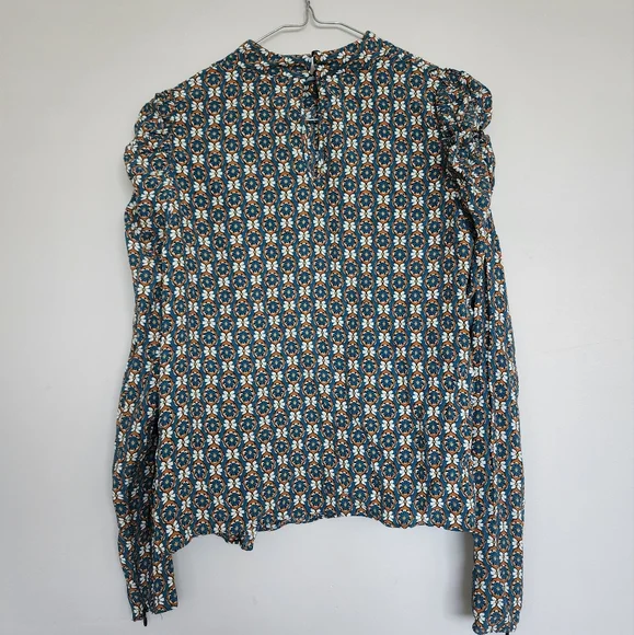 Zara Longsleeve Blouse Shirt Blue Tan Pattern - Picture 7 of 10